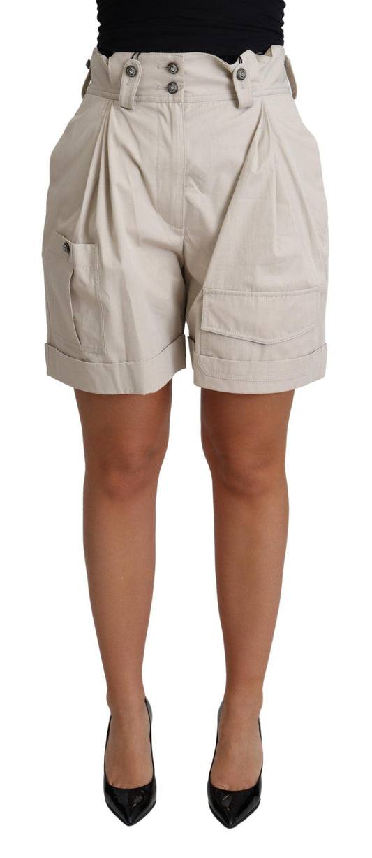 Beigefarbene, plissierte Freizeitshorts aus Baumwolle mit hoher Taille