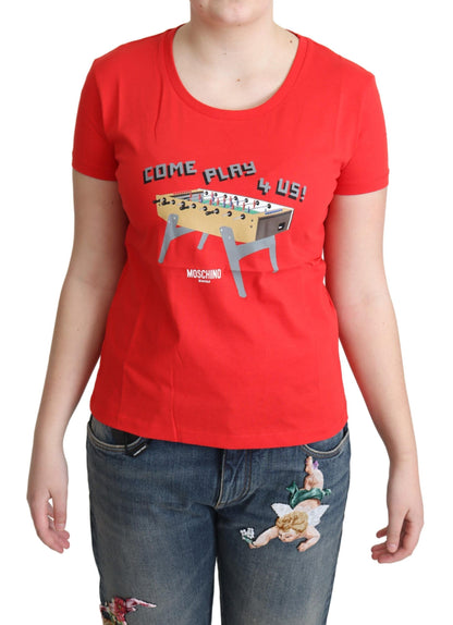 Rotes Baumwoll-T-Shirt mit „Come Play 4 Us“-Print und Bluse