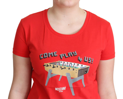 Rotes Baumwoll-T-Shirt mit „Come Play 4 Us“-Print und Bluse