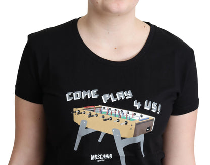 Schwarzes Baumwoll-T-Shirt mit „Come Play 4 Us“-Aufdruck