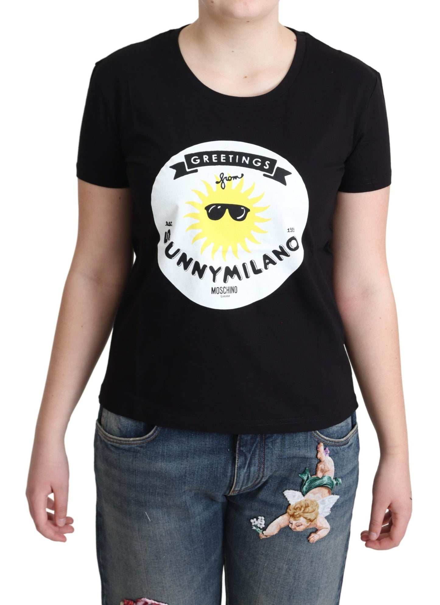 Schwarzes Baumwoll-T-Shirt mit Sunny Milano-Print