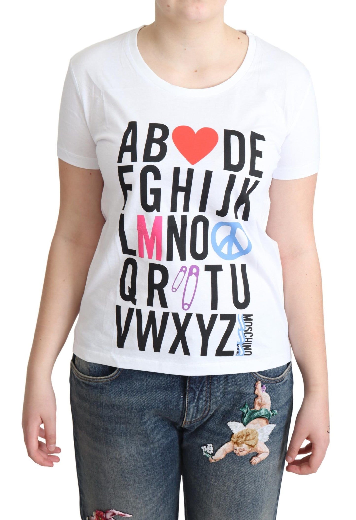 T-shirt in cotone bianco con stampa di lettere dell'alfabeto