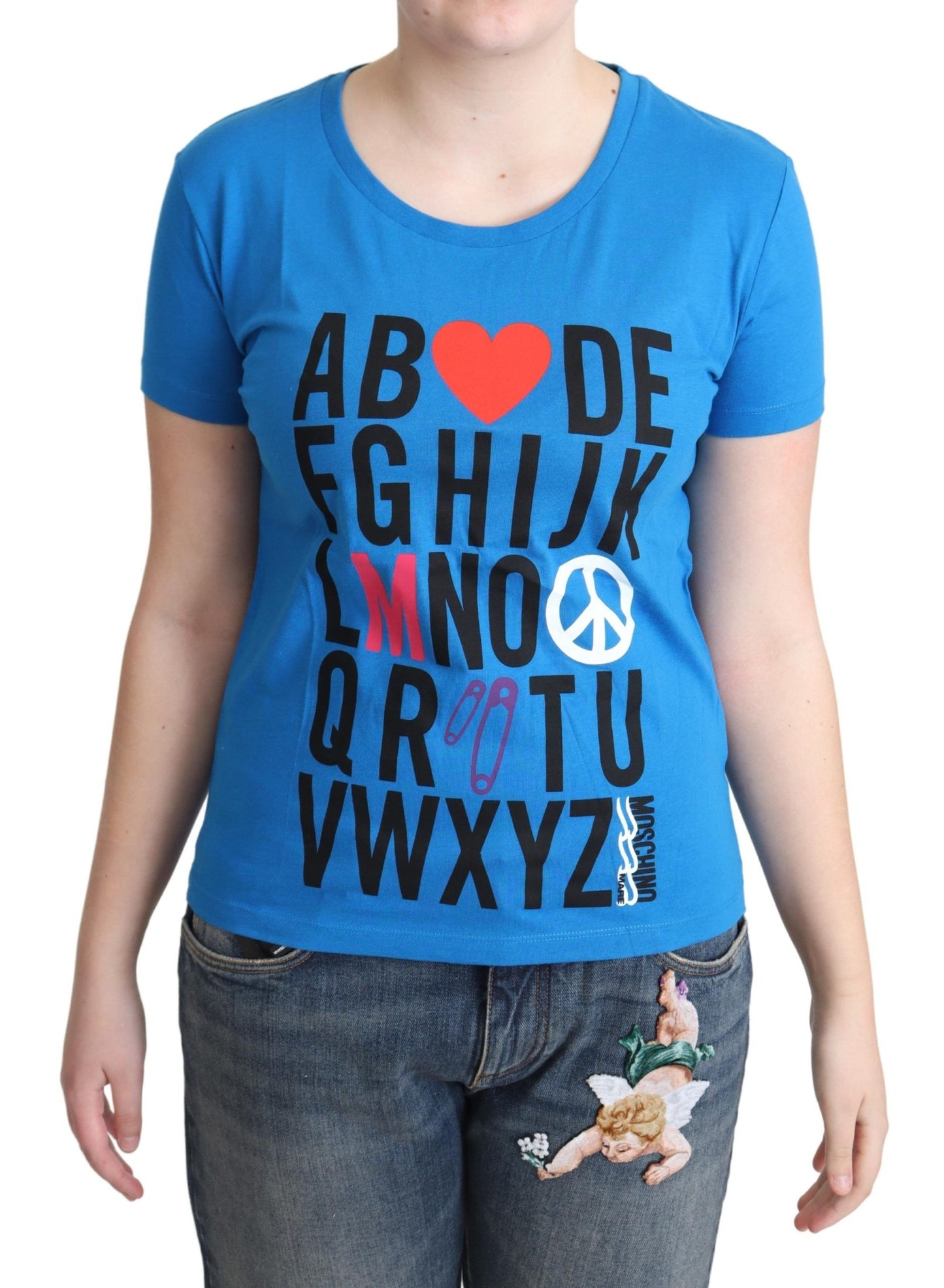 Top in cotone blu con stampa di lettere dell'alfabeto