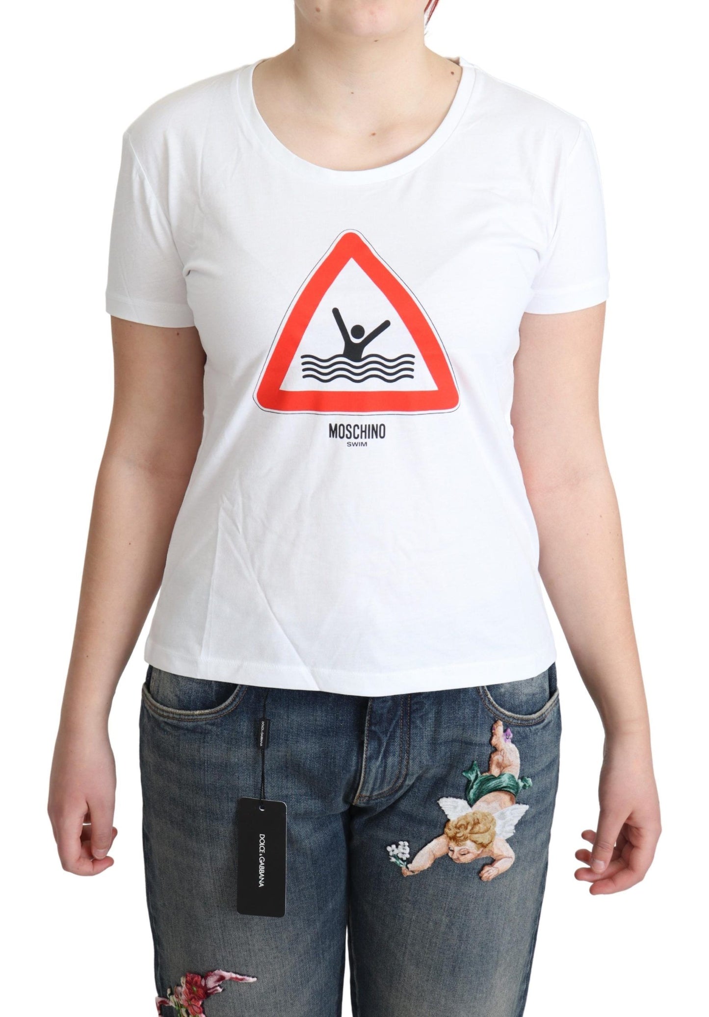 T-shirt blanc à imprimé triangle graphique en coton