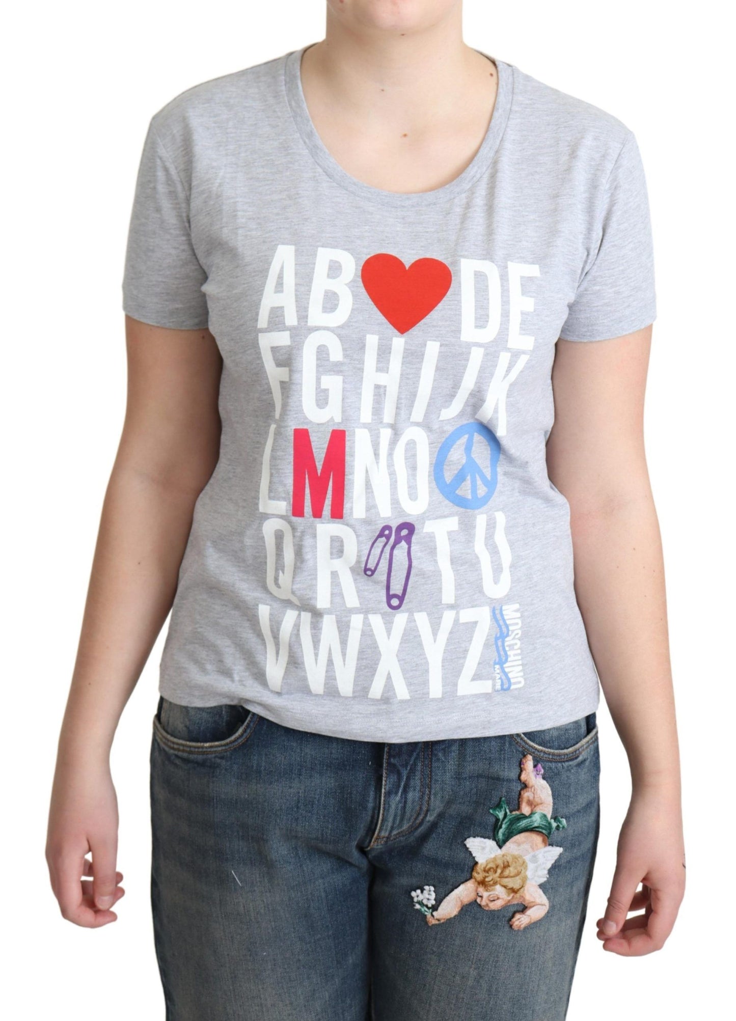 T-shirt con stampa di lettere dell'alfabeto in cotone grigio