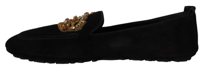 Schwarze Leder-Loaferschuhe mit Kristallgoldkrone