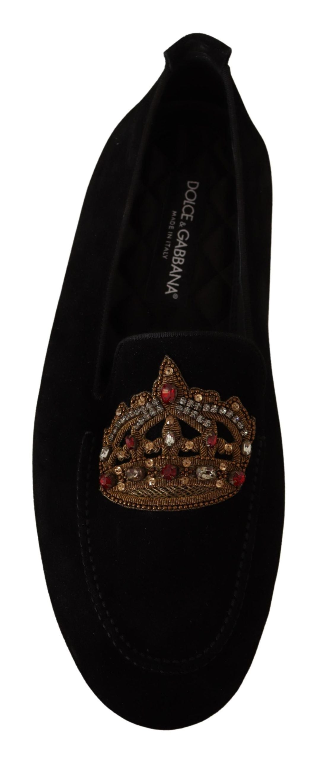 Schwarze Leder-Loaferschuhe mit Kristallgoldkrone