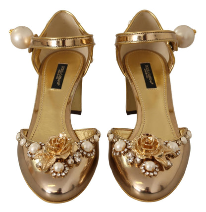 Elegant Gold Leather Block Heels with Crystals