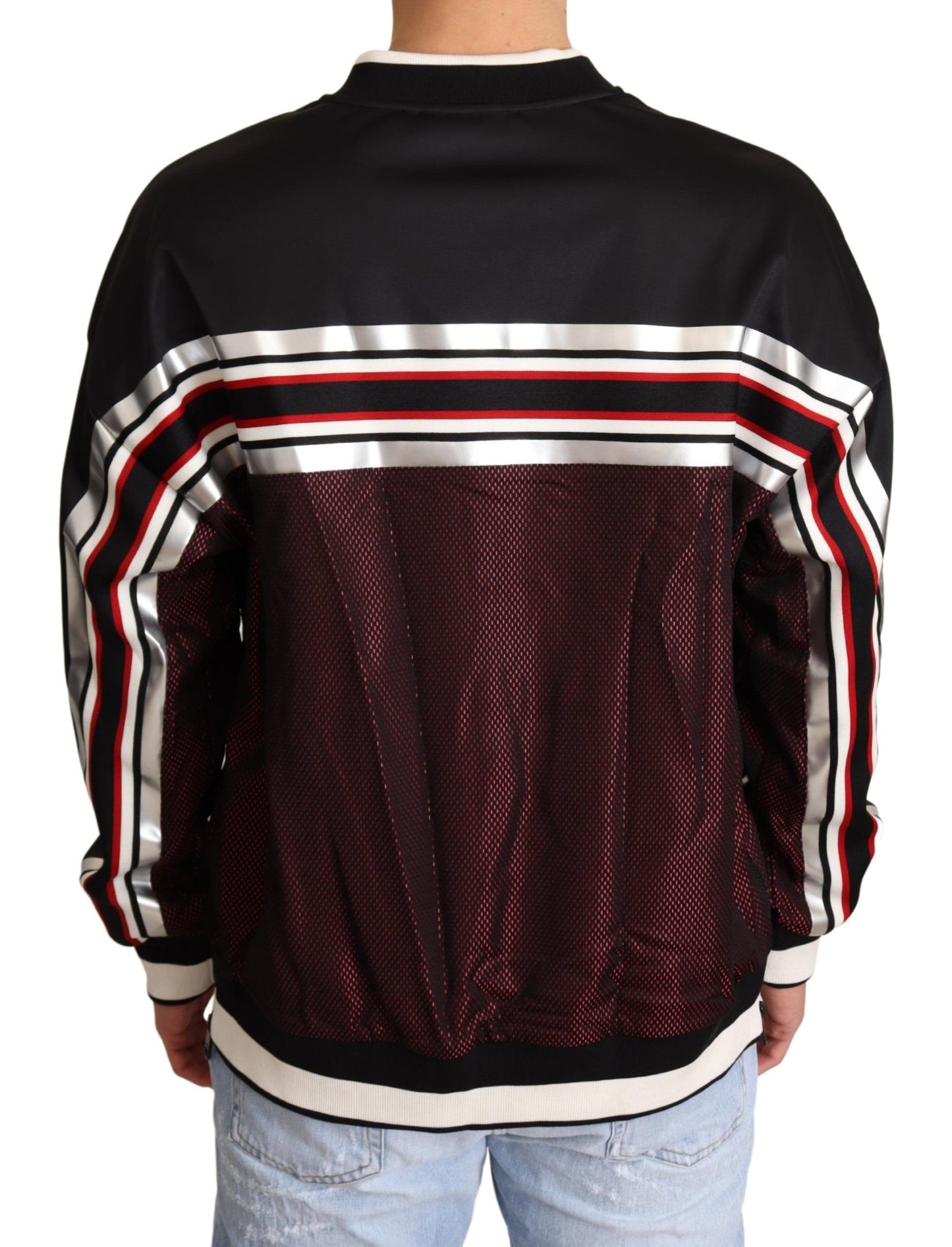 Schwarz-roter Mesh-Sportpullover mit Rundhalsausschnitt