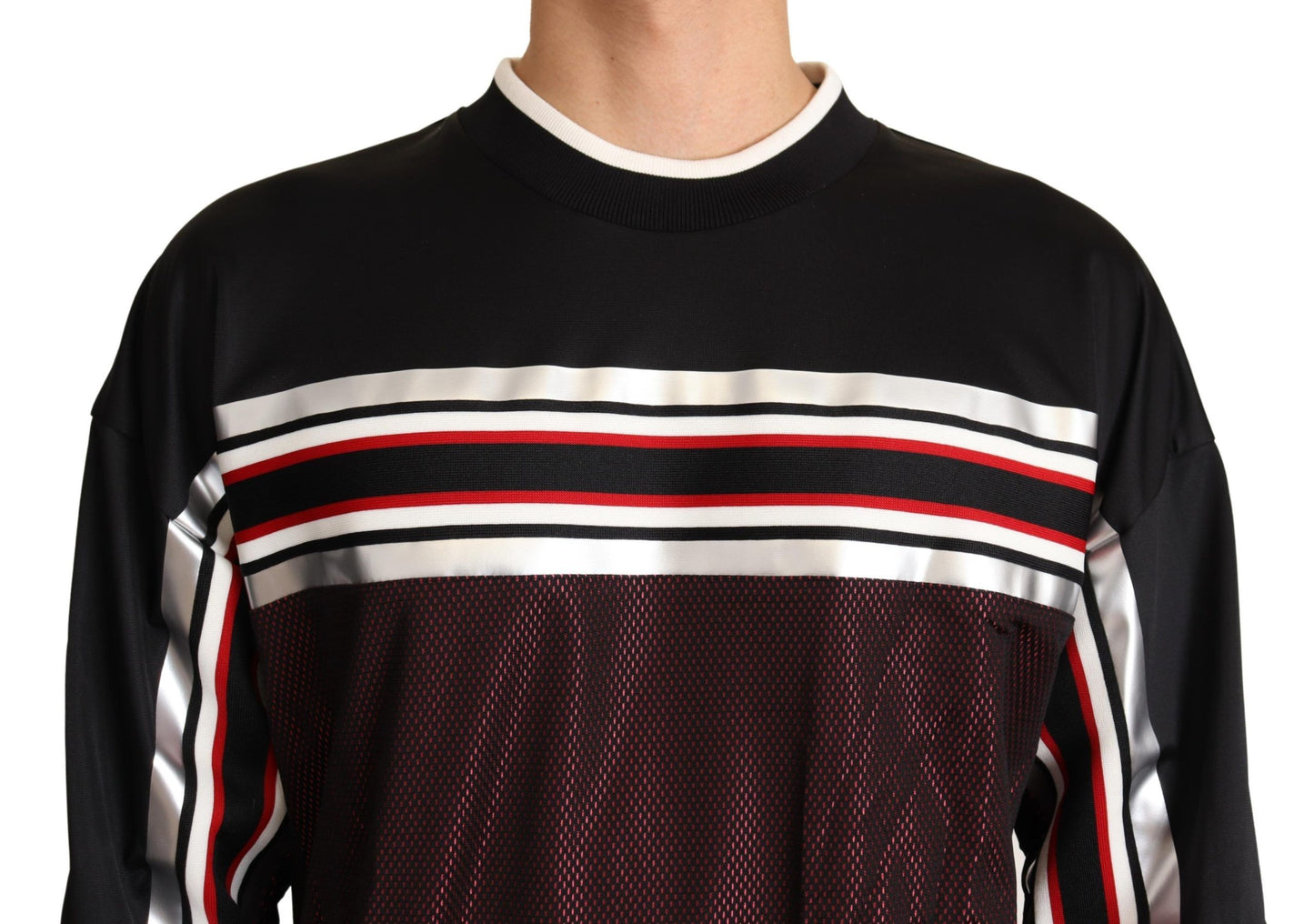 Schwarz-roter Mesh-Sportpullover mit Rundhalsausschnitt