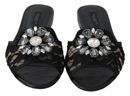 Elegant Black Lace Mules with Jewel Flower Detail