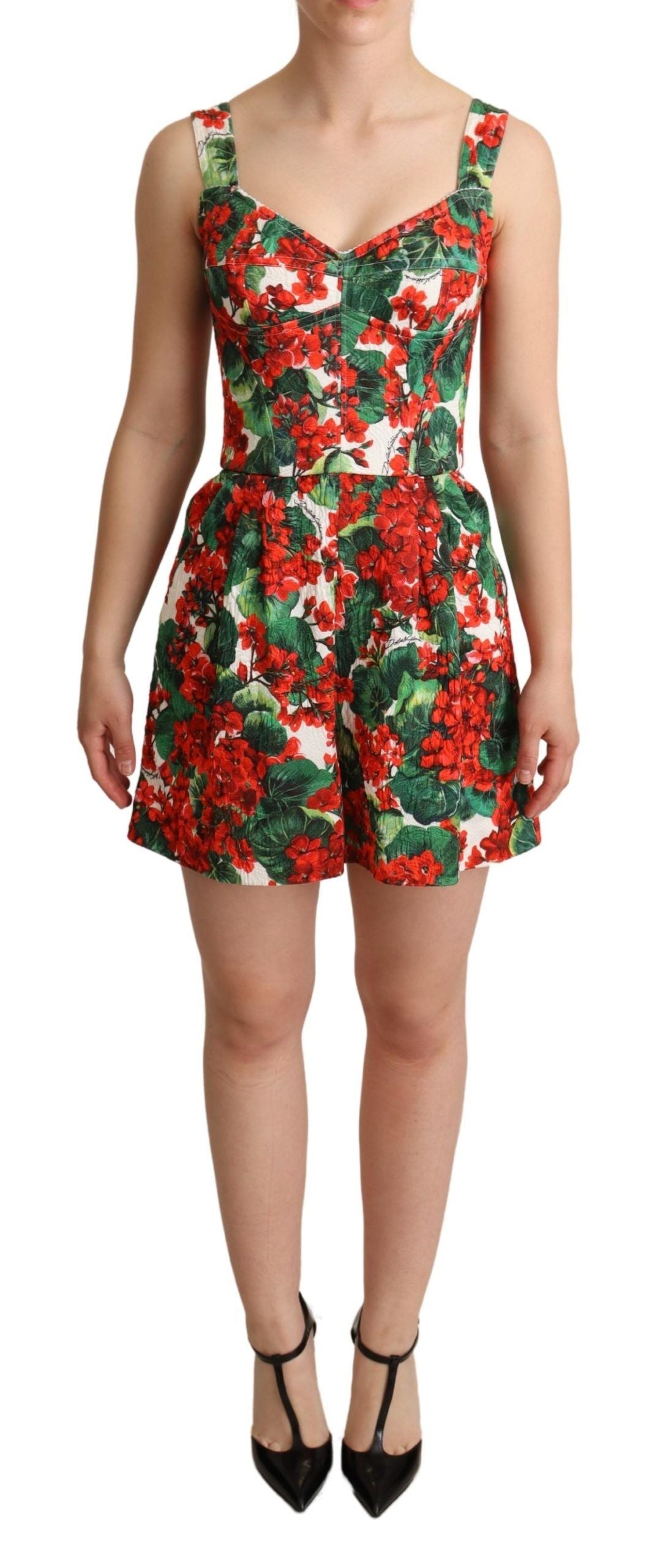 Rotes Shorts-Overallkleid mit Geranien-Print