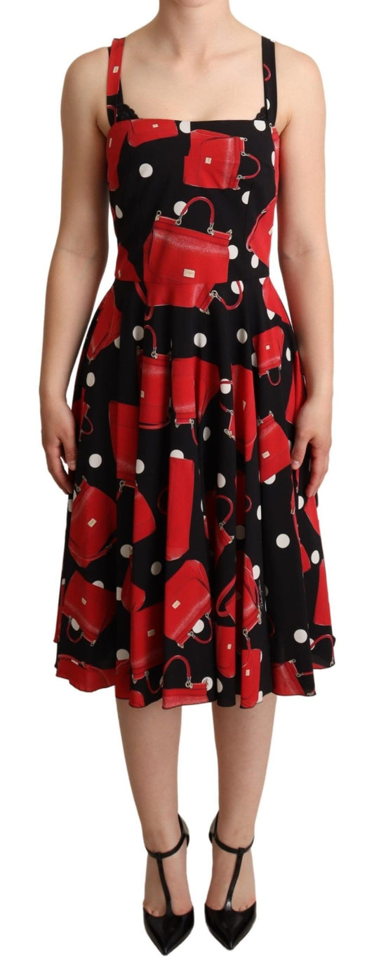 Mittellanges A-Linien-Kleid mit Taschenprint in Schwarz und Rot