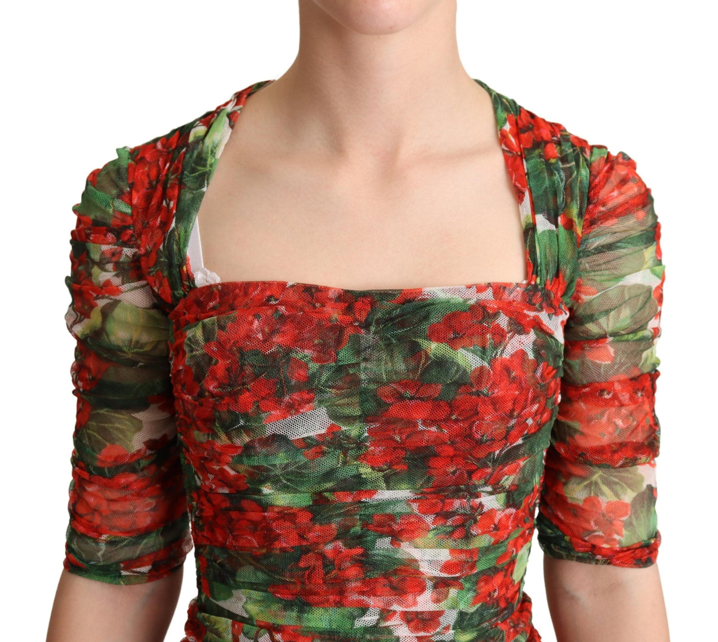 Robe fourreau mi-longue rouge en tulle à imprimé floral