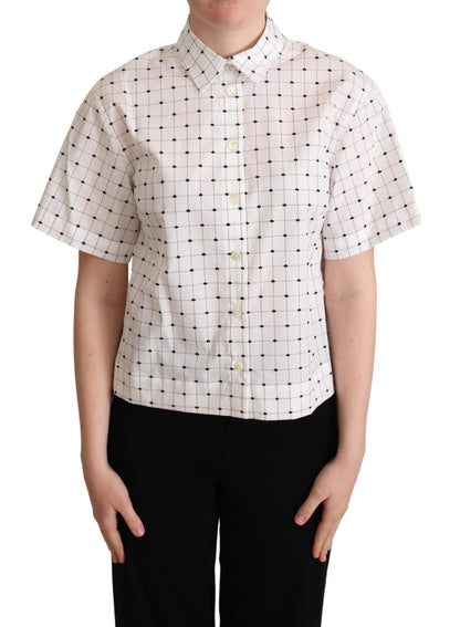 Top camicia con colletto in cotone bianco a pois