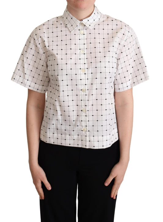 Top camicia con colletto in cotone bianco a pois