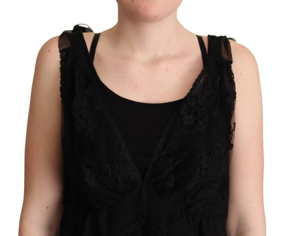 Schwarzes Camisole-Tanktop mit Seidenspitzenbesatz