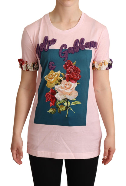 T-Shirt mit Rundhalsausschnitt aus rosafarbener Baumwolle mit Blumen- und Rosenmuster