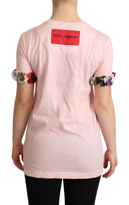 T-shirt girocollo con rose floreali in cotone rosa