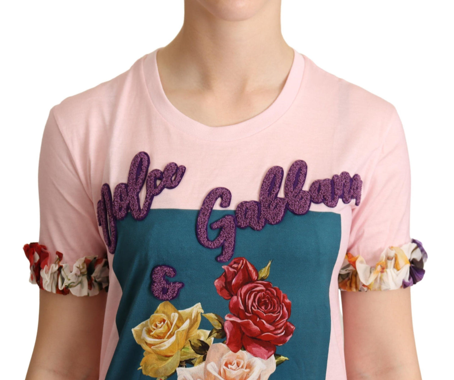 T-shirt à col rond en coton rose avec roses florales