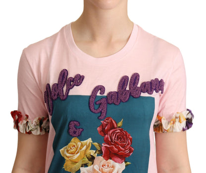 T-Shirt mit Rundhalsausschnitt aus rosafarbener Baumwolle mit Blumen- und Rosenmuster