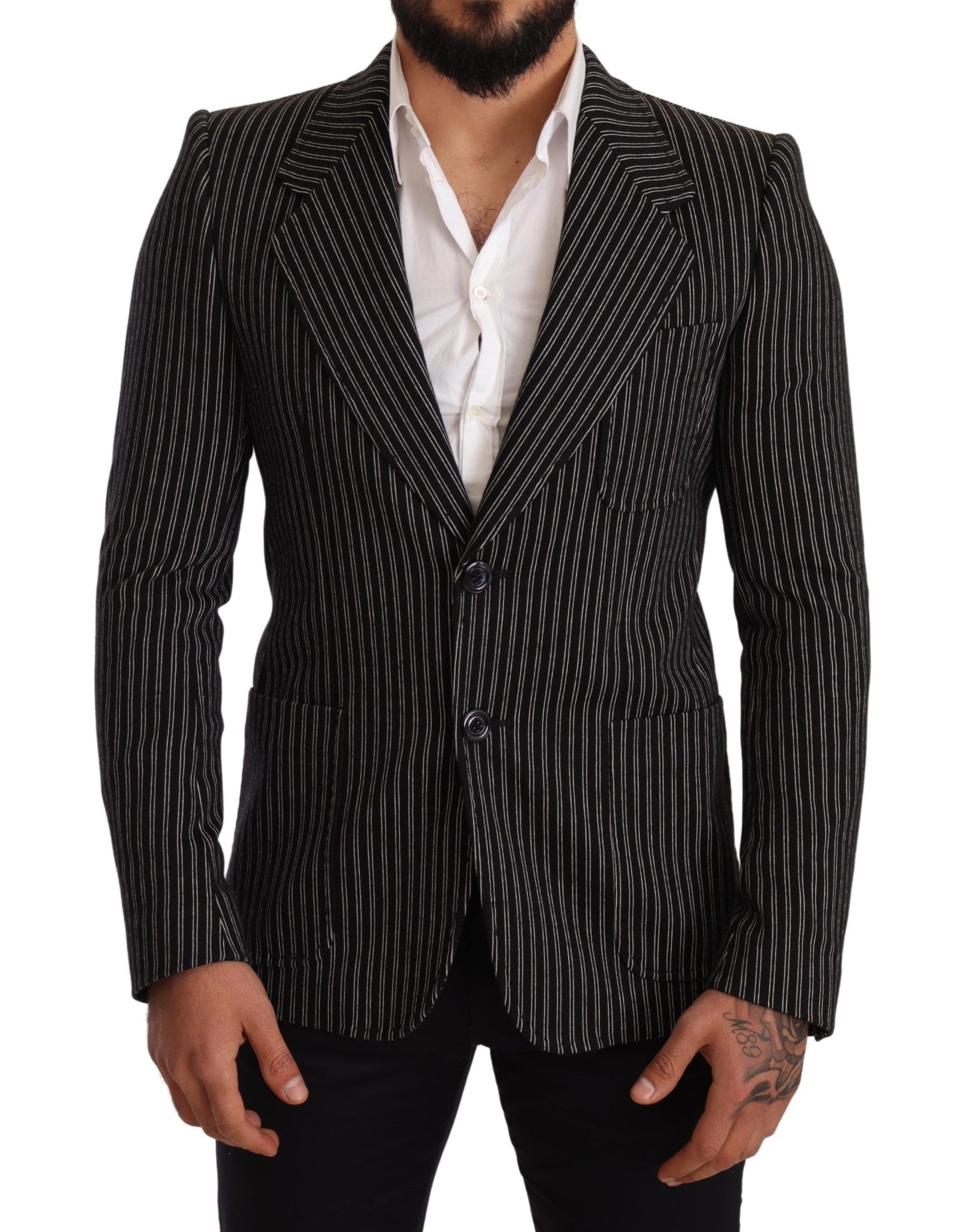 Blazer cappotto slim fit in lana a righe nere