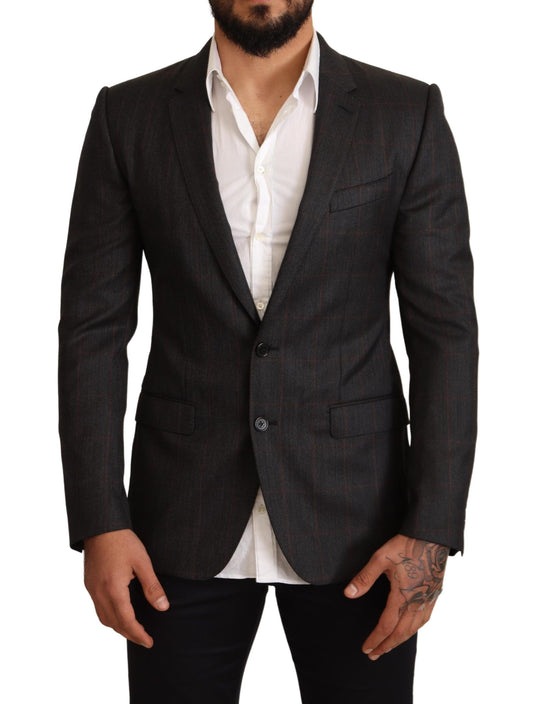 Veste blazer slim en laine à carreaux grise