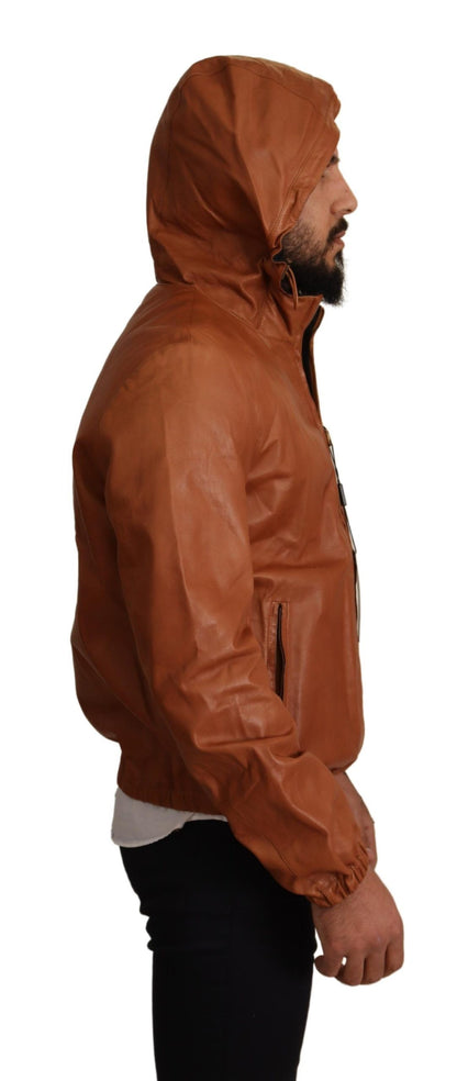 Veste manteau à capuche en cuir d'agneau marron