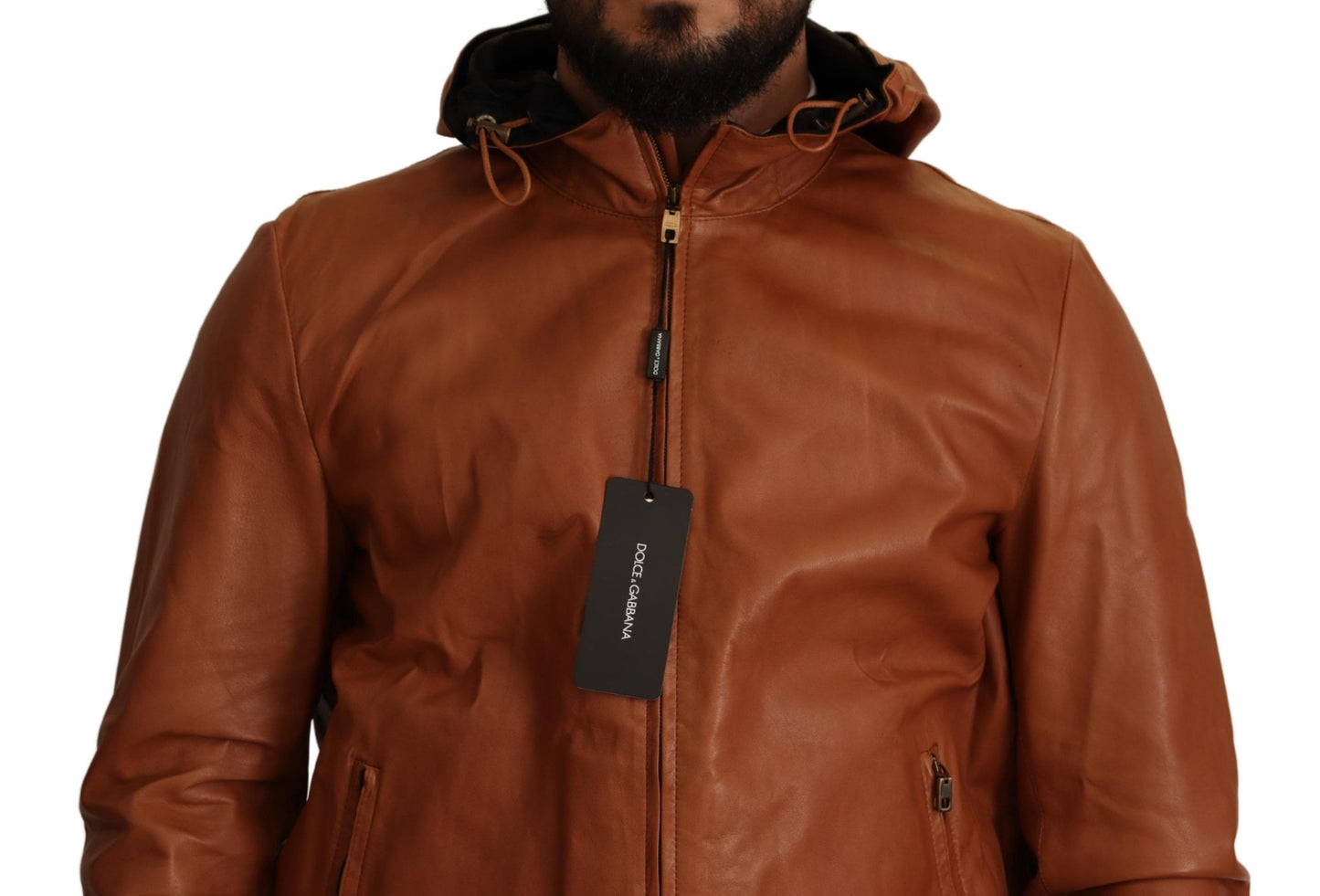 Veste manteau à capuche en cuir d'agneau marron