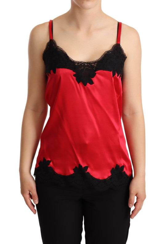 Rotes, mit Blumenspitze besetztes Camisole-Oberteil aus Seidensatin