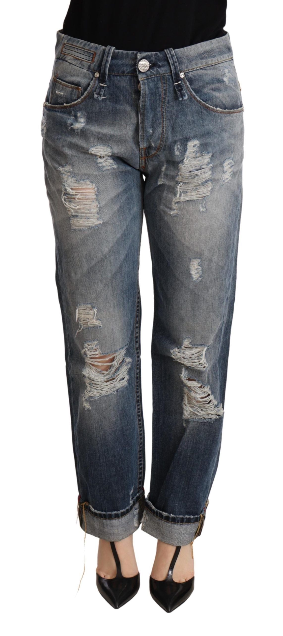 Pantalon droit en denim bleu taille moyenne en lambeaux