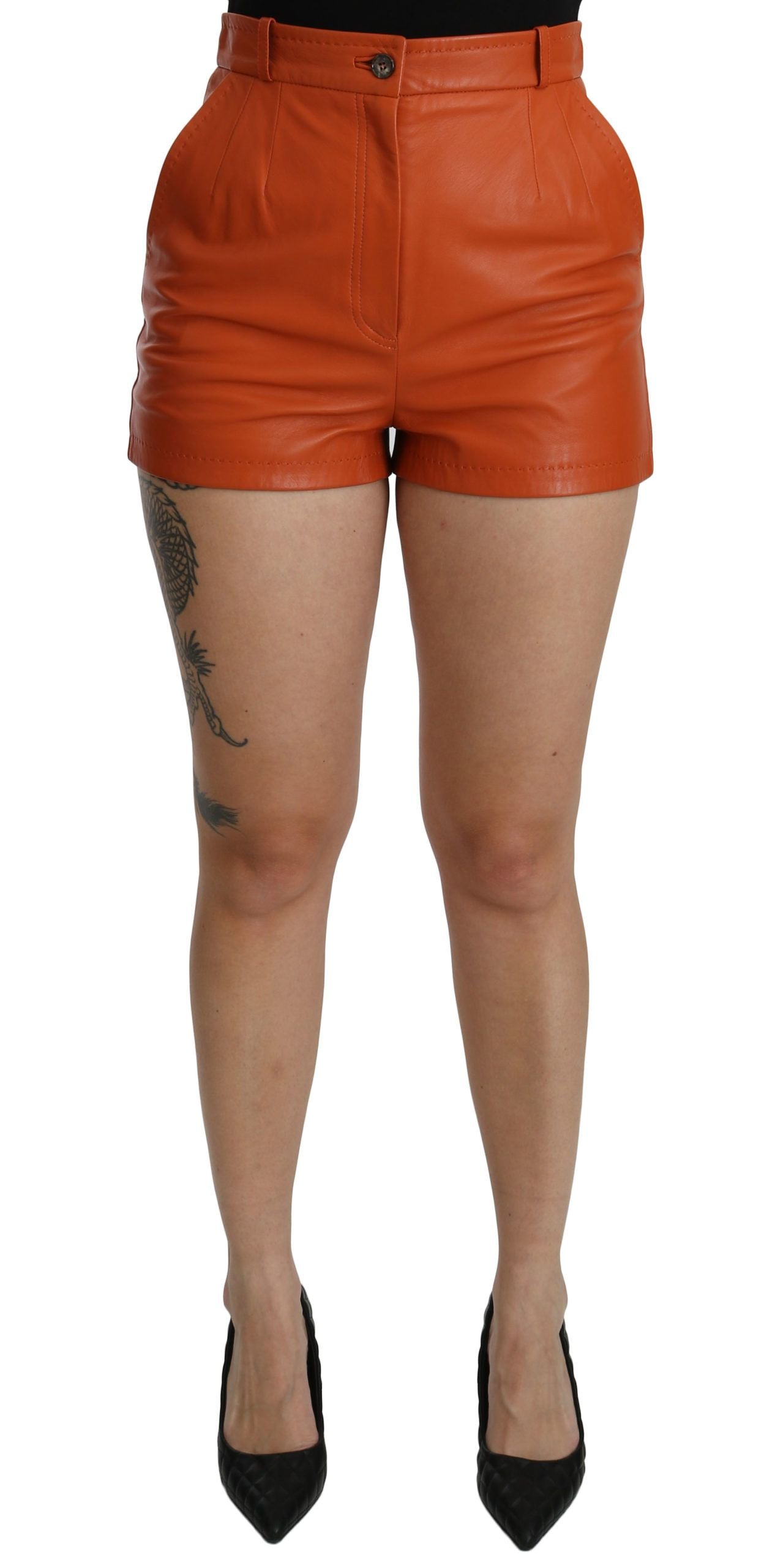 Short taille haute en cuir orange