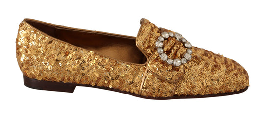 Flache Damen-Loafers mit goldenen Pailletten und Kristallen