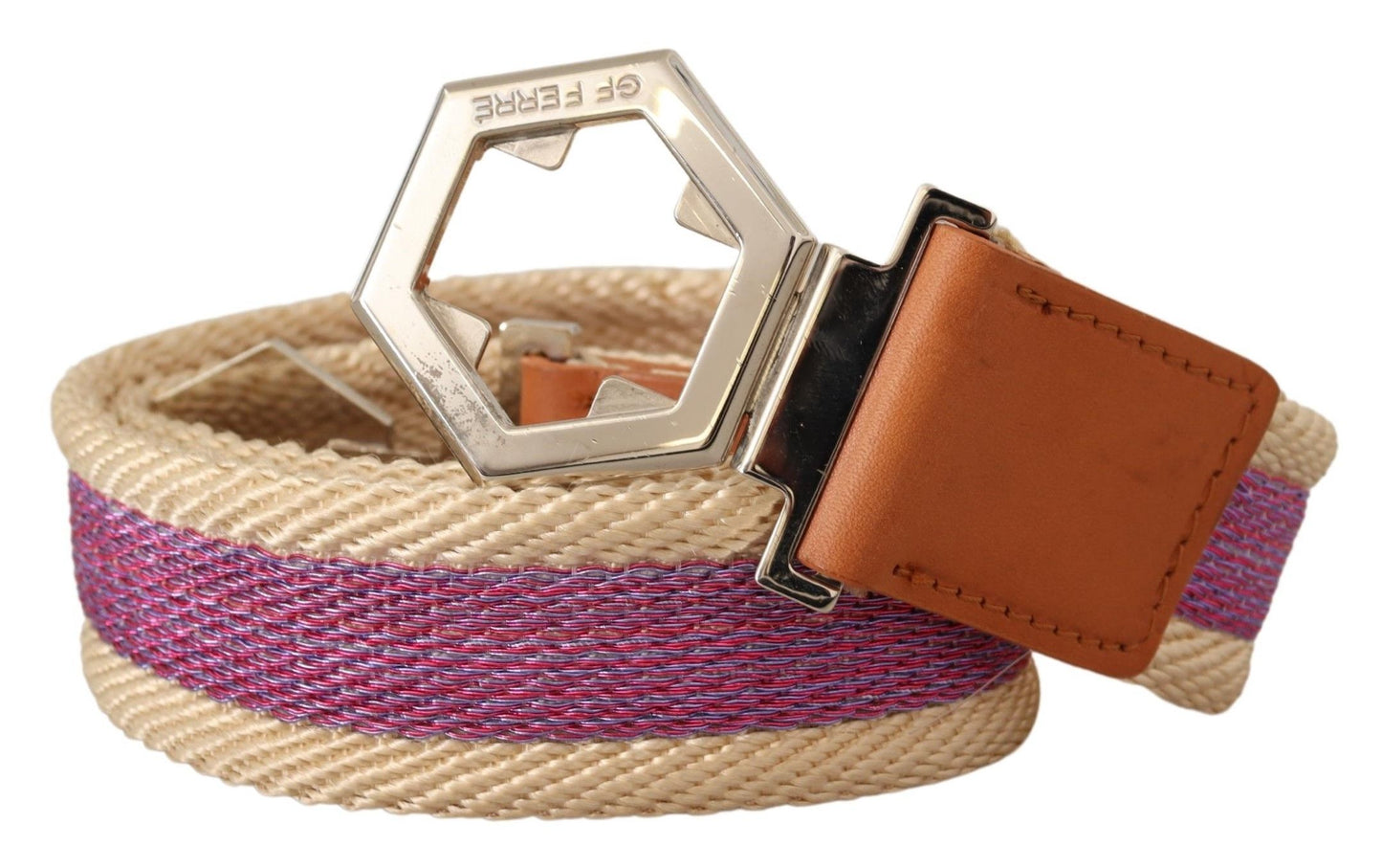 Ceinture à boucle avec logo hexagonal argenté en cuir multicolore