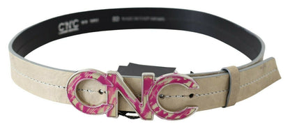 Ceinture à boucle avec logo et lettre rose en cuir beige