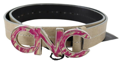 Ceinture à boucle avec logo et lettre rose en cuir beige