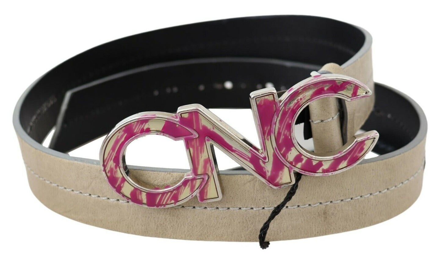 Ceinture à boucle avec logo et lettre rose en cuir beige