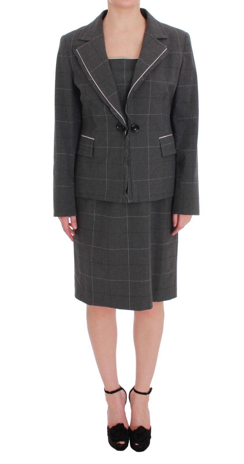 Grau kariertes Blazer-Kleid-Set aus Baumwolle