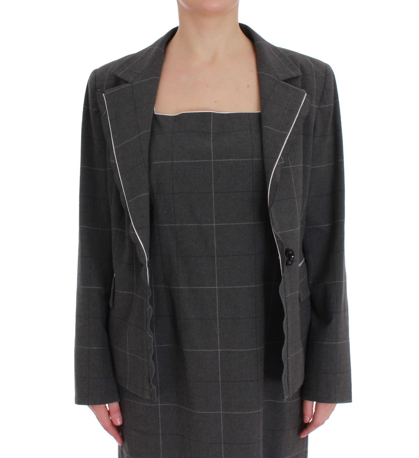 Grau kariertes Blazer-Kleid-Set aus Baumwolle