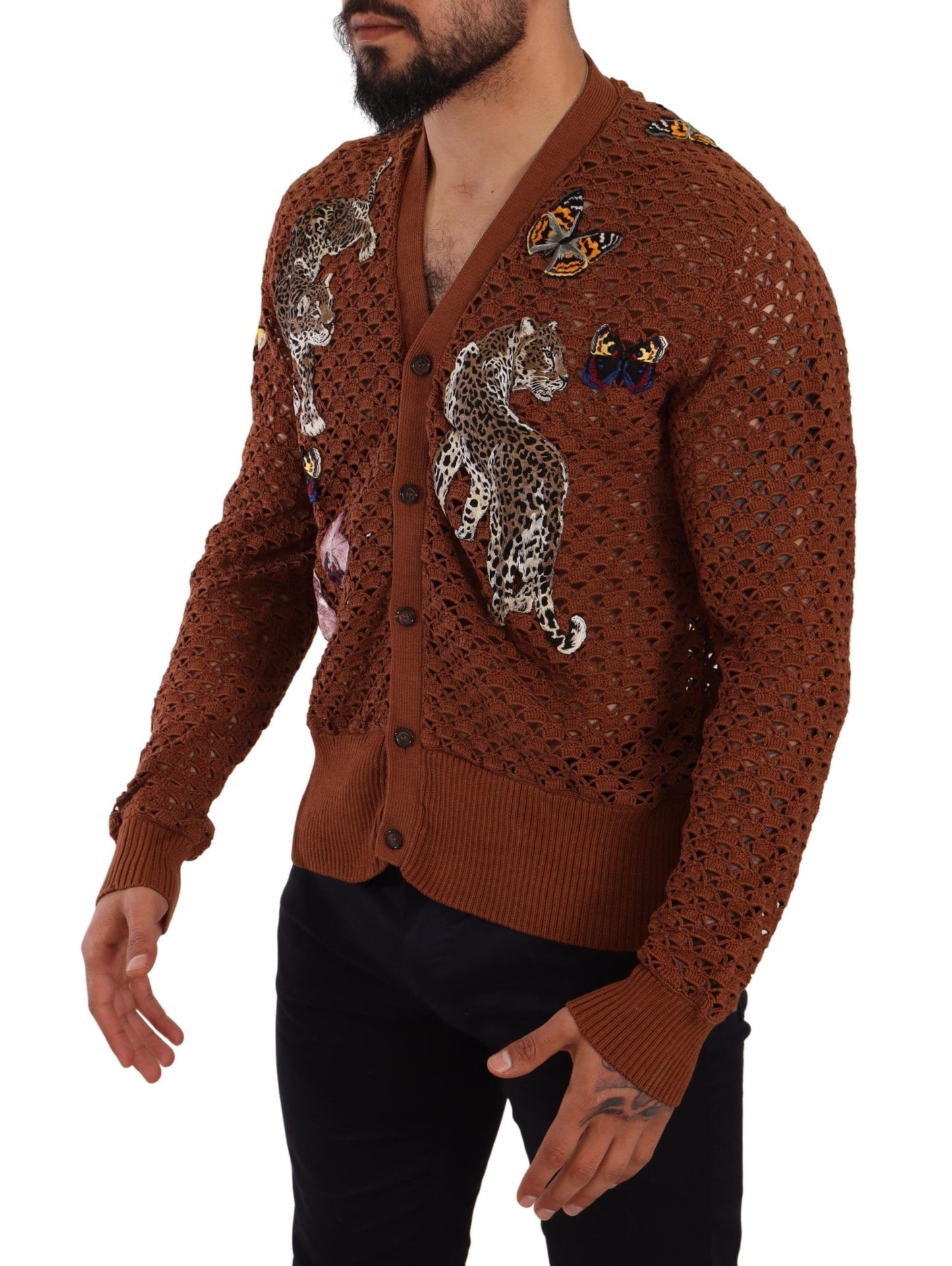 Maglione cardigan con farfalla leopardata marrone