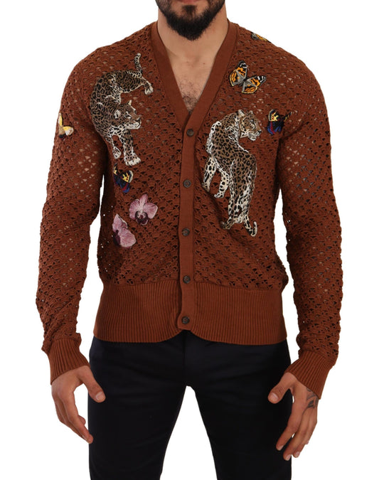 Maglione cardigan con farfalla leopardata marrone