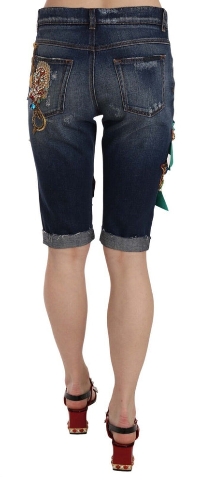 Blaue Denim-Capri-Shorts mit mittlerer Taille und Kristallen