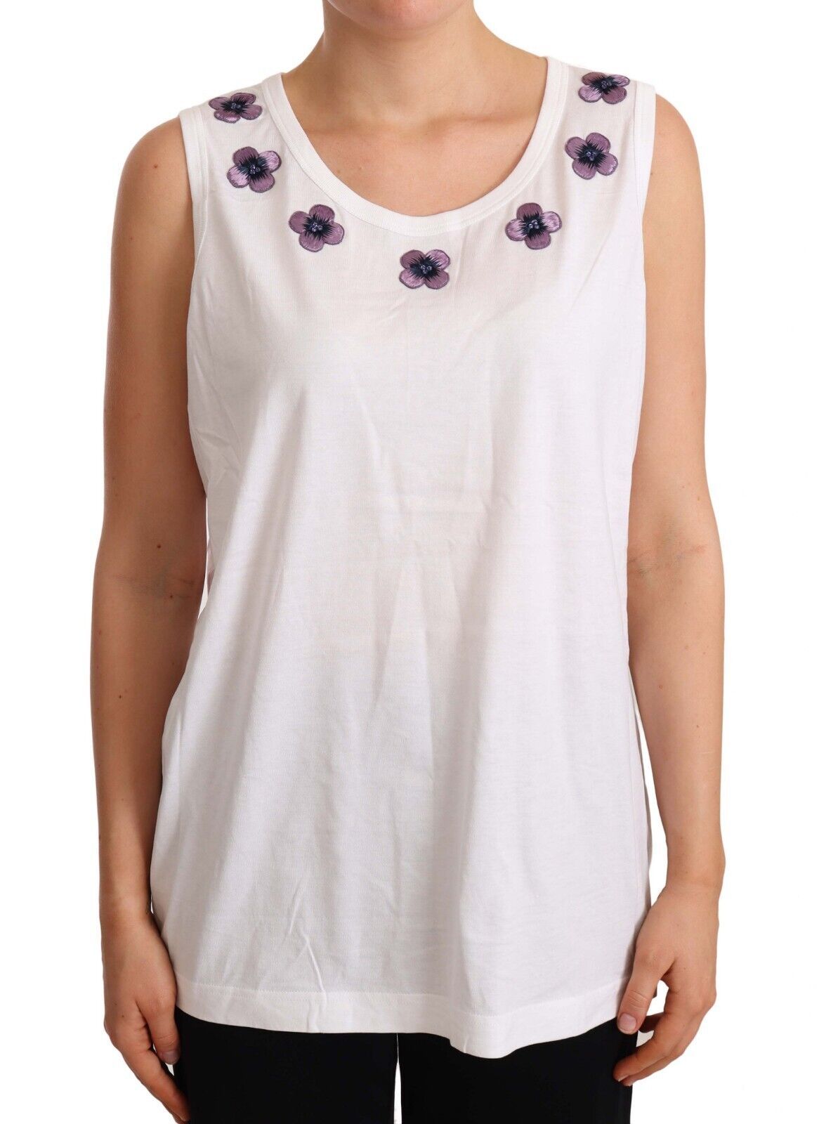 Weißes Tank-T-Shirt aus Baumwolle mit Blumenstickerei