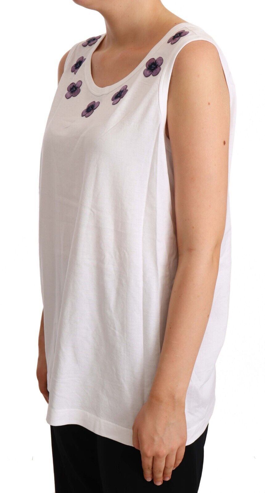 T-shirt canotta in cotone bianco con ricamo floreale