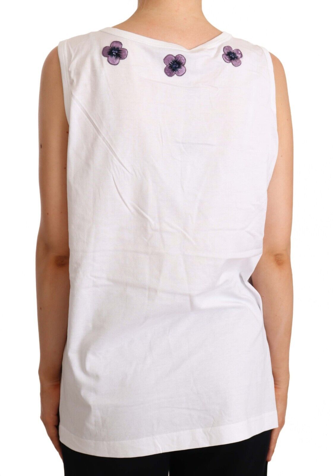 T-shirt canotta in cotone bianco con ricamo floreale