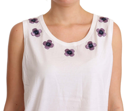 T-shirt canotta in cotone bianco con ricamo floreale