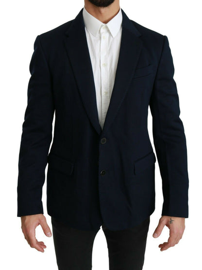 Blazer bleu uni en coton et soie stretch