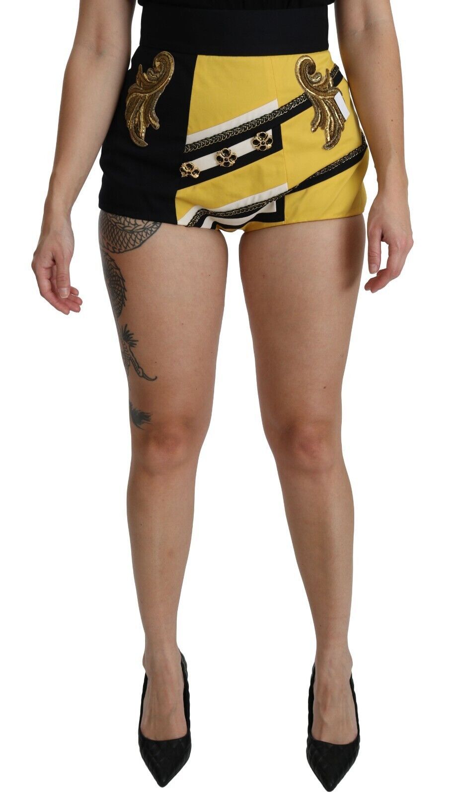 Short Hot Pants en coton jaune noir avec bijoux