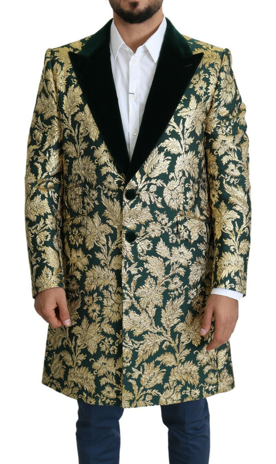 DOLCE &amp; GABBANA Giacca SICILIA Cappotto Lungo Jacquard Verde Oro