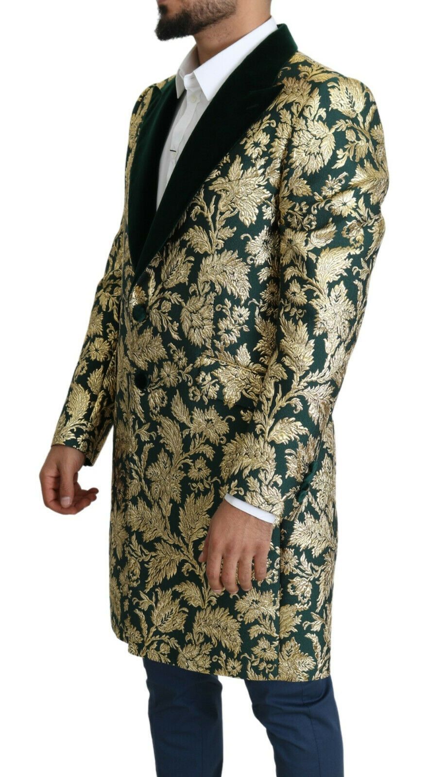 DOLCE &amp; GABBANA Giacca SICILIA Cappotto Lungo Jacquard Verde Oro